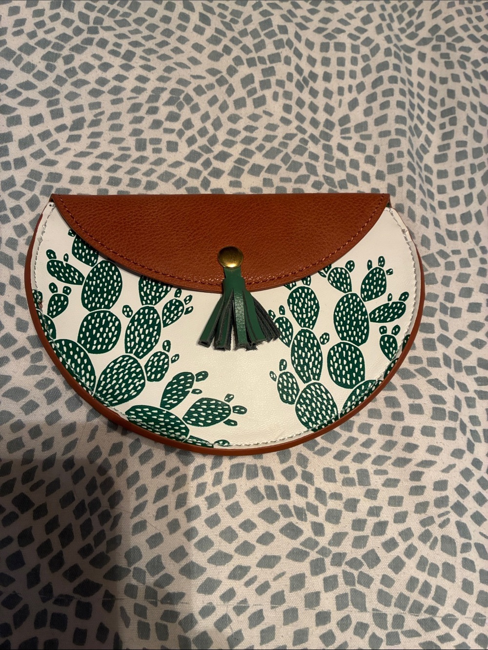 Cactus-Print Half-Moon Clutch in Brown and Green